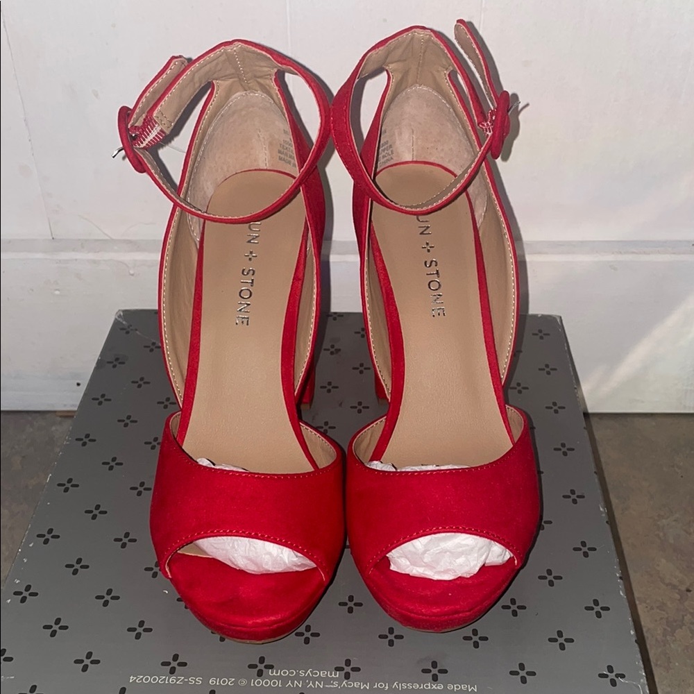 Sun + Stone Red Stiletto Heels with Ankle Strap